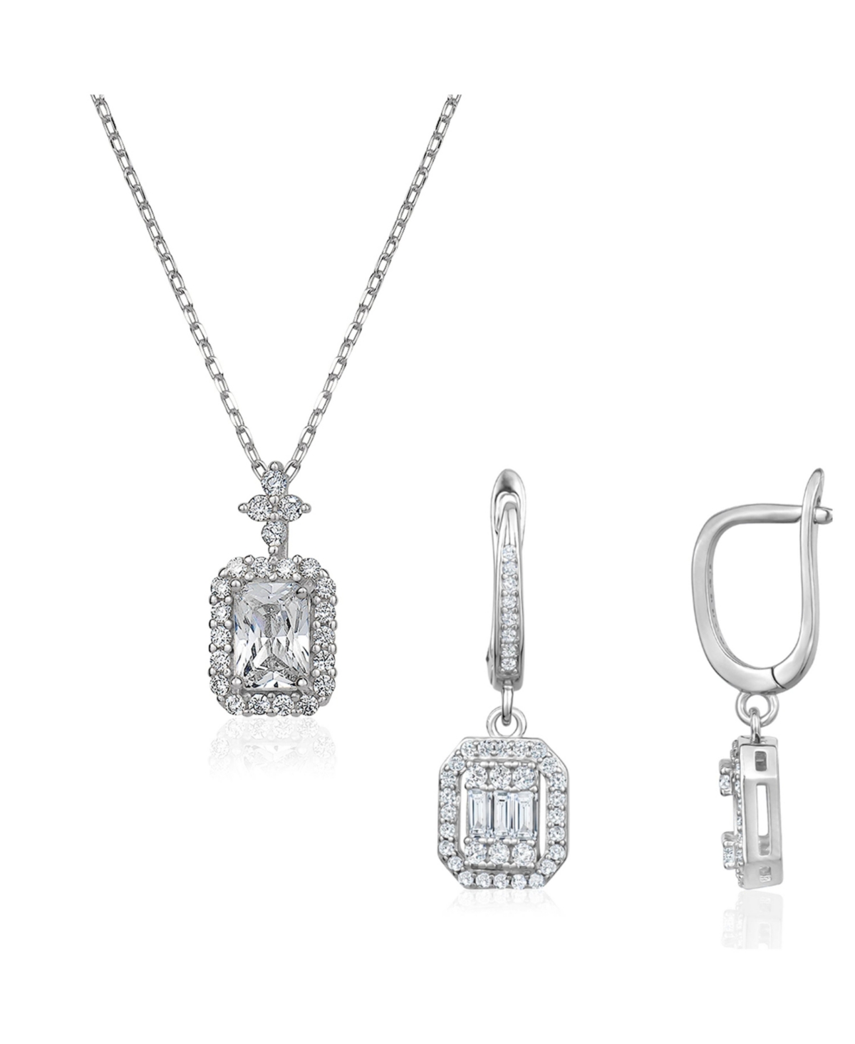 Cubic Zirconia Geometric Necklace and Drop Earrings Set - Silver