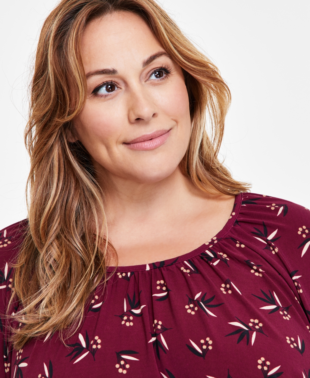 ANNE KLEIN ANNE KLEIN PLUS SIZE 3/4-SLEEVE PEASANT SHIRT 