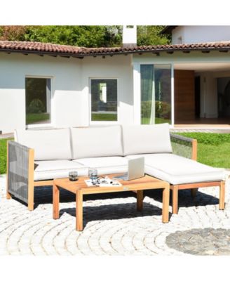 3 Pieces Patio Acacia Wood Sofa Conversation Sets with Nylon Rope Armrest