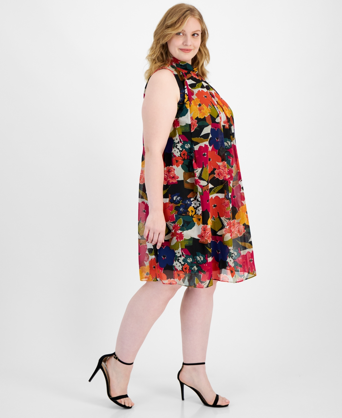 Robbie Bee Plus Size Mock Neck Sleeveless Swing Dress -mult