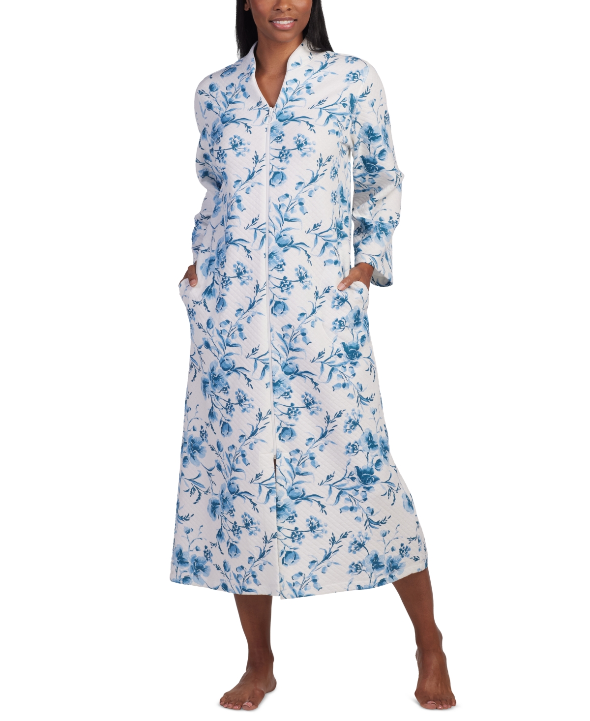 Women's Zip-Front Long-Sleeve Floral Robe - Blue Floral
