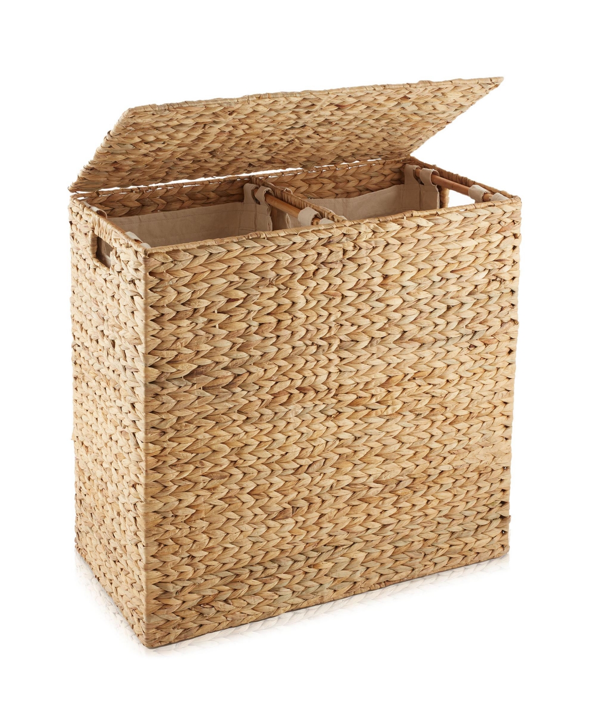 2-Section Laundry Hamper with Lid and Removable Liner Bags - Natural, Woven Water Hyacinth Laundry Basket for Clothes - Natural