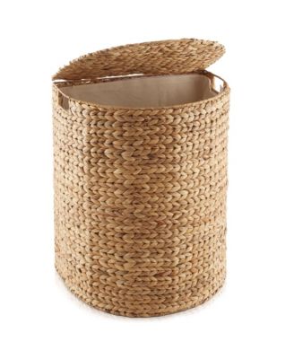 Half Moon Laundry Hamper with Lid and Removable Liner Bag - Espresso Dark Brown, Woven Water Hyacinth Laundry Basket Sorter for Clothes