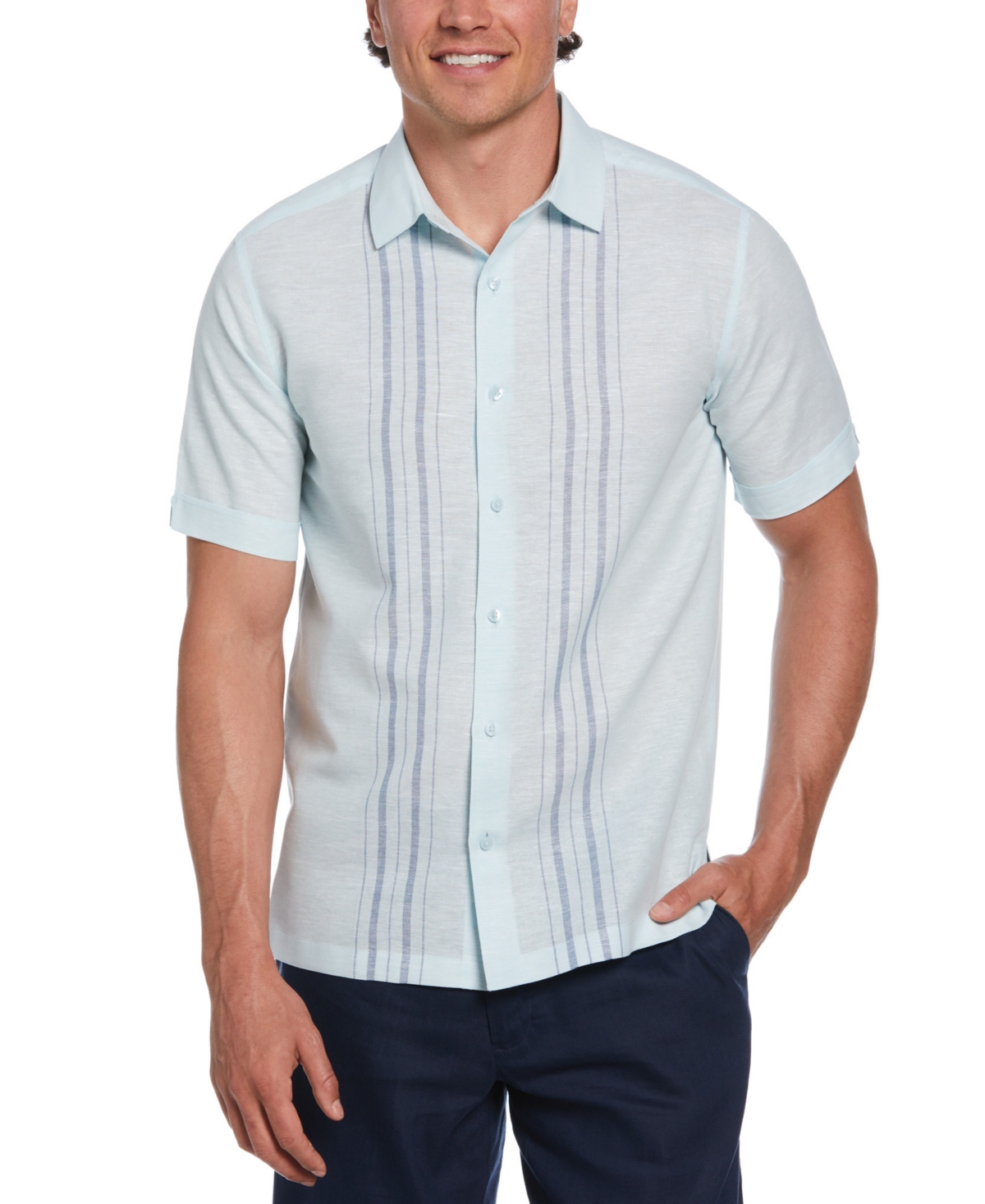 Cubavera Men's Short Sleeve Button-front Herringbone Panel Shirt In Aqua Esque