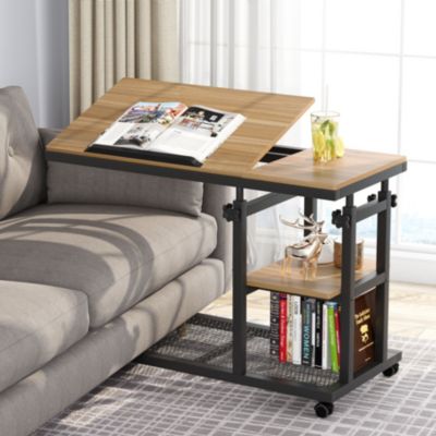 Adjustable C Table with Wheels, Tiltable Laptop Stand & TV Tray with Shelves for Sofa, Bedside, or Couch
