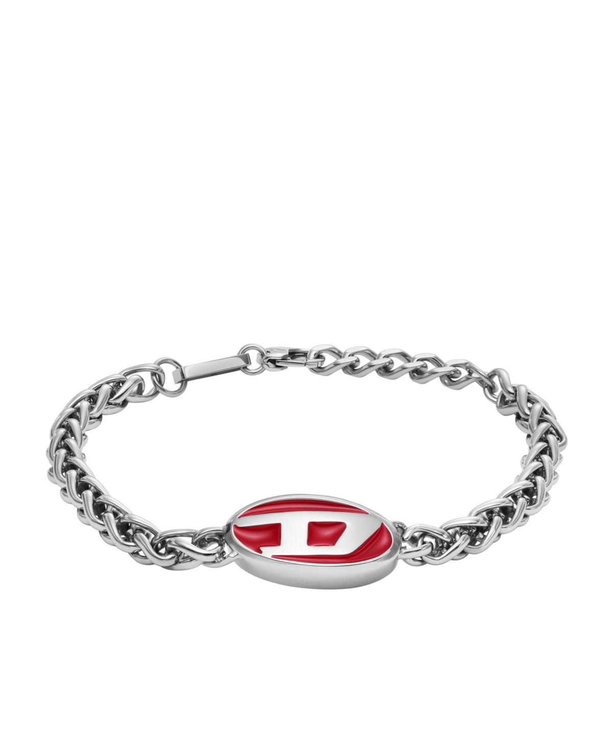 Men's Red Lacquer and Stainless Steel Chain Bracelet - Silver