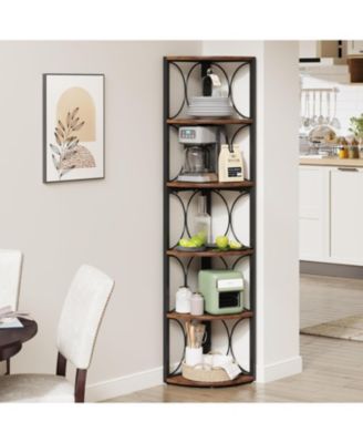 Tall Corner Shelf, 6 Tier Rustic Corner Bookshelf Bookcase Storage Rack Standing Shelving Unit
