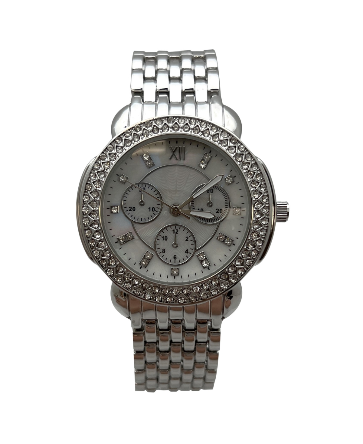 Gold Round Rhinestone and Chrome Face Women Watch - Silver