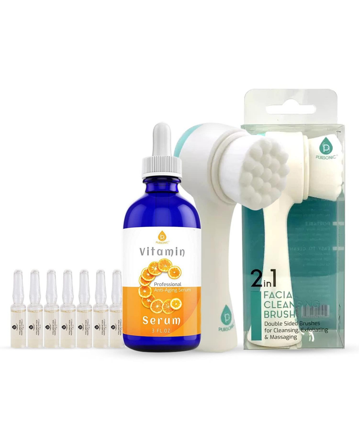 Anti-Aging-Exfoliation Set With Vitamin-c Serum, 100% Hyaluronic Acid Treatment Serum & Dual Sided Facial Brush. - Multi-color