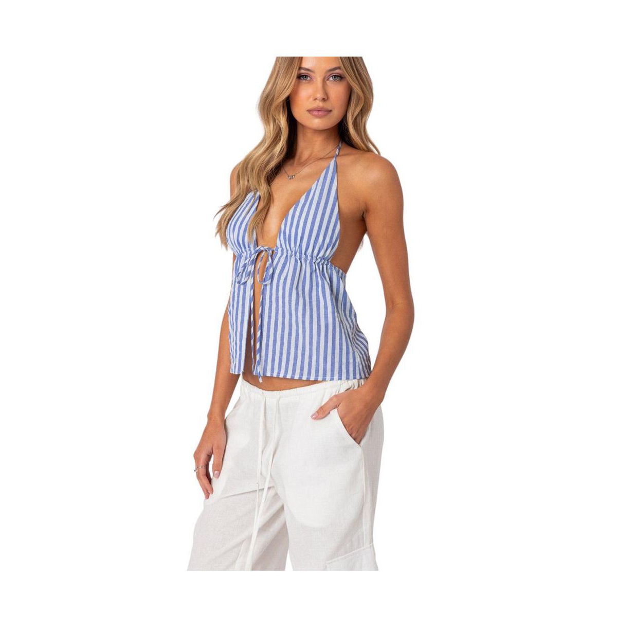 Edikted Women's Madelyn Tie Front Top - Blue-and-white