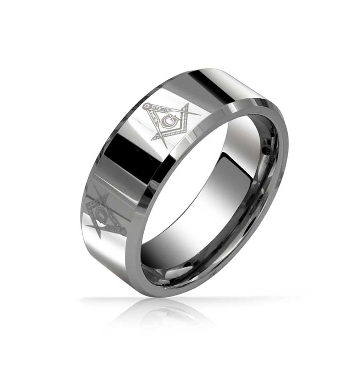 Square Compass Freemason Masonic Titanium Wedding Band Ring For Men Polished Silver Tone Comfort Fit 8MM - Silver