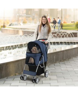 Folding Pet Stroller with Storage Basket and Adjustable Canopy