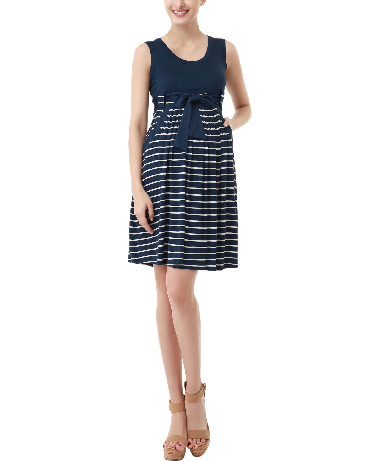 kimi + kai Maternity Scoop Neck Striped Dress - Denim blue