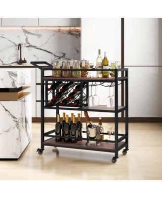 3-tier Bar Cart on Wheels Home Kitchen Serving Cart with Wine Rack & Glass Holder