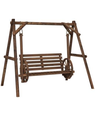 2 Seat Porch Swing w/ Stand, Wagon Wheel Arms, Carbonized Brown