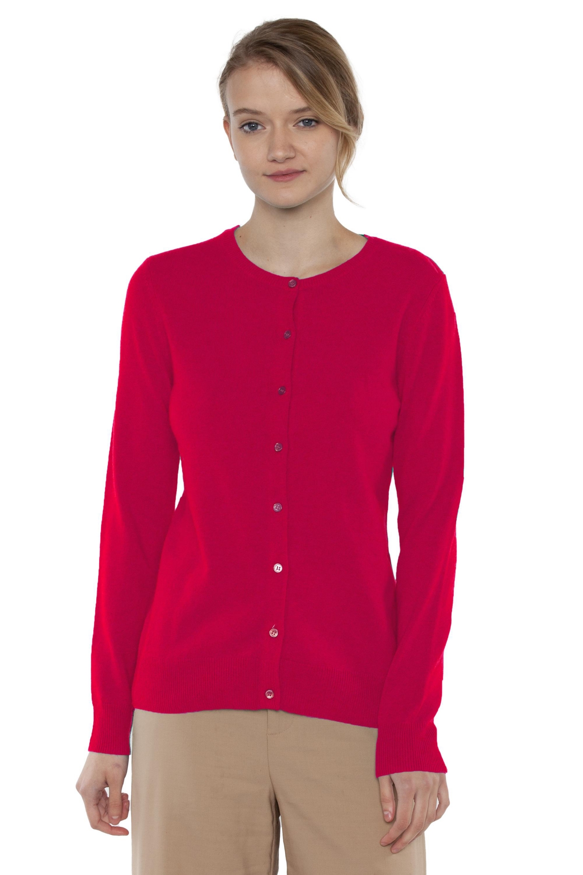 Jennie Liu Women's 100% Cashmere Button Front Long Sleeve Crewneck Cardigan Sweater