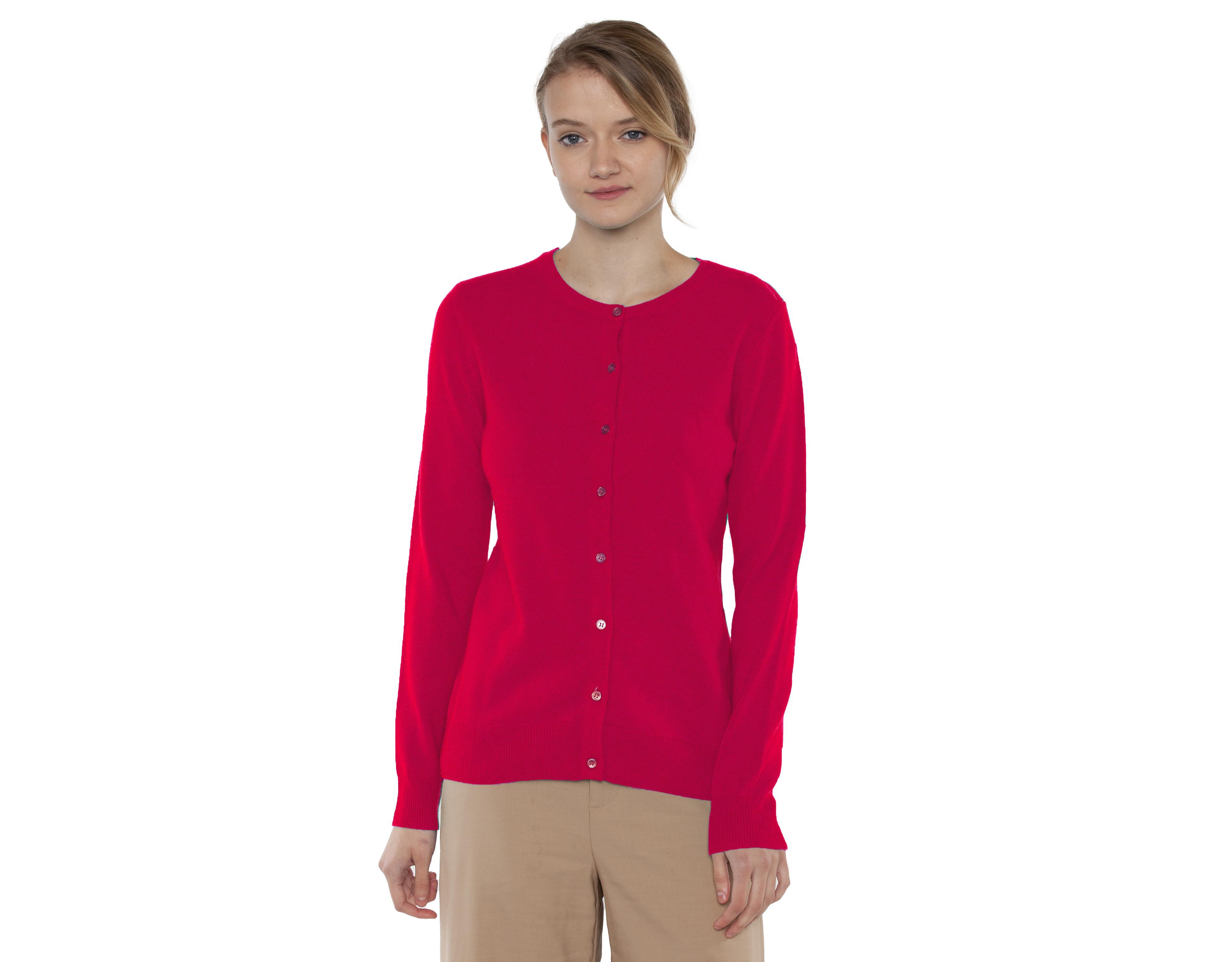 Jennie Liu Women's 100% Cashmere Button Front Long Sleeve Crewneck Cardigan Sweater