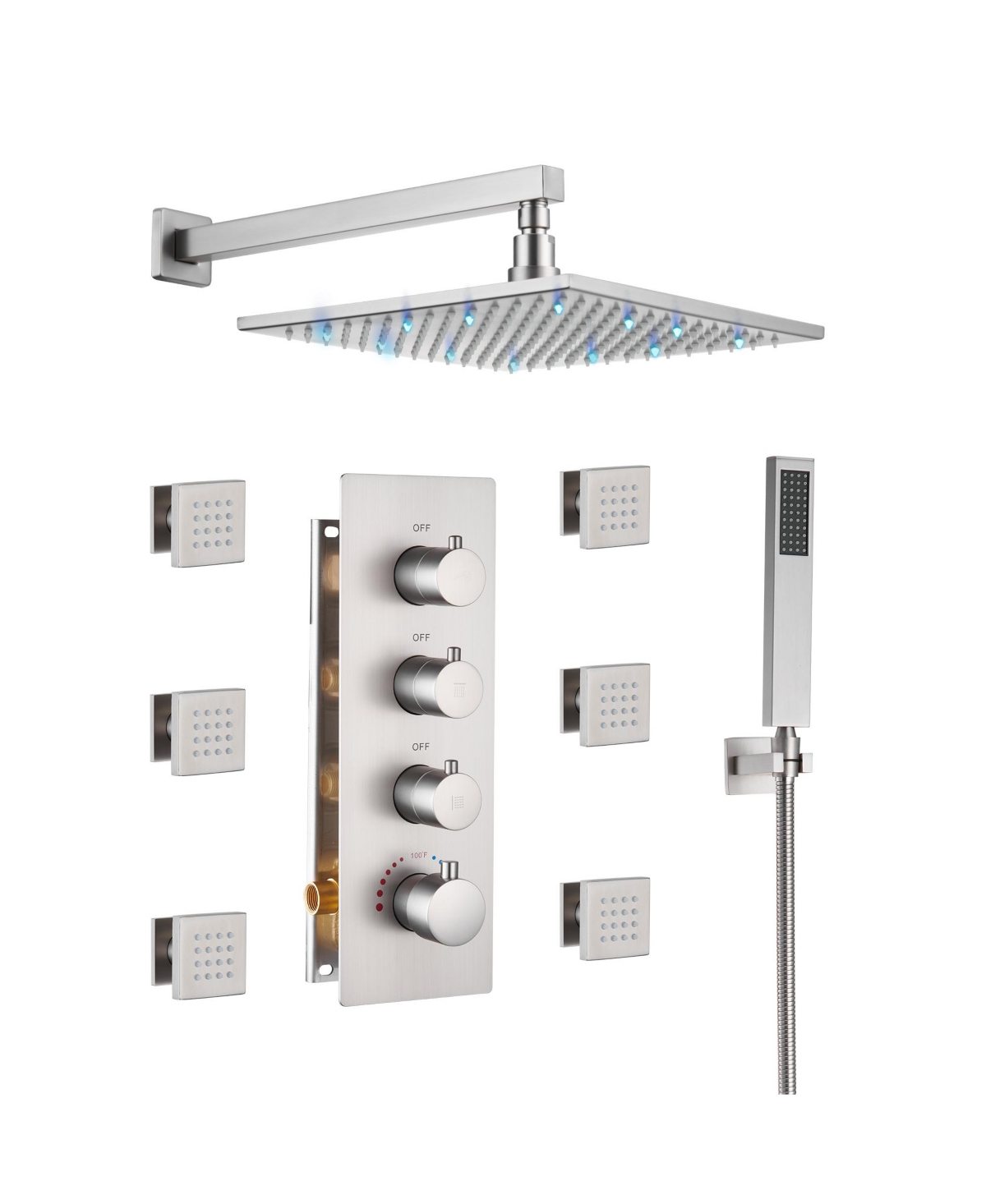 Mondawe Wall Mounted Thermostatic Led Shower System Set with Hanheld Spray & 6 Body Jets, Black
