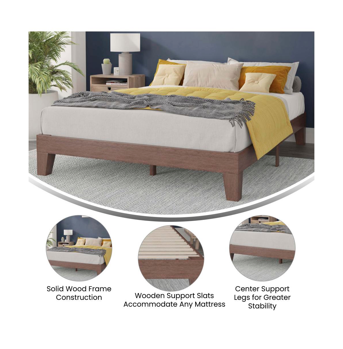 Merrick Lane Eduardo Platform Bed Frame, Solid Wood Platform Bed Frame With Slatted Support, No Box Spring Needed