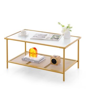 2-Tier Coffee Table with Shelf with Tempered Glass Top & Metal Frame Living Room