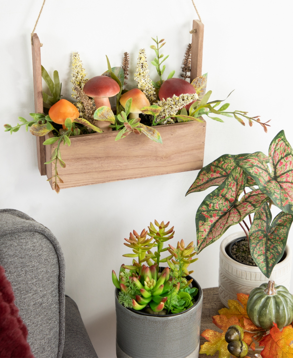 Northlight Mushroom and Foliage Wooden Fall Harvest Hanging Basket