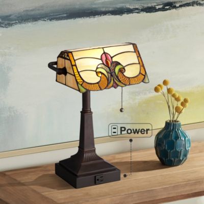 Traditional Piano Banker Desk Table Lamp 17" High with AC Power Outlet Bronze Floral Art Glass Bedroom Office