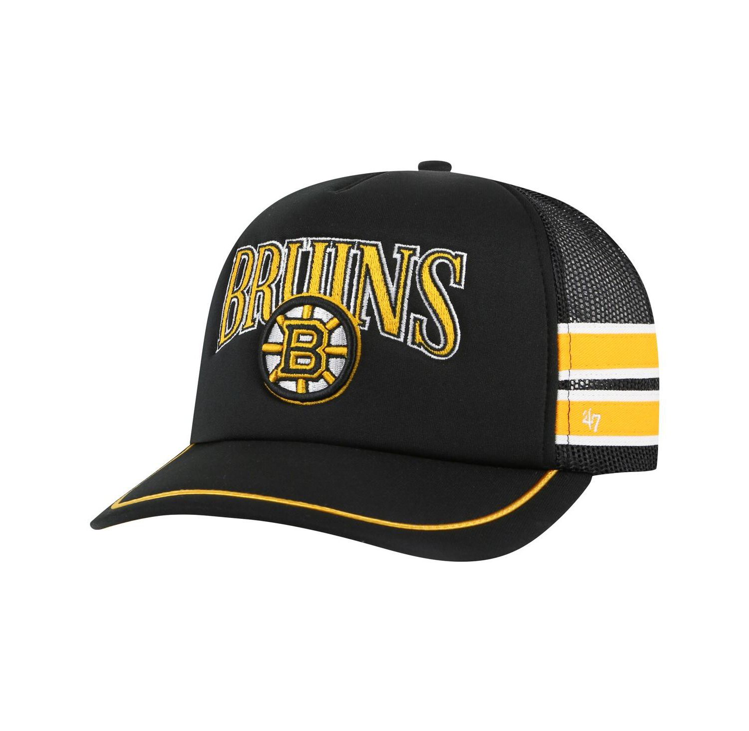 47 Brand Men's Black Boston Bruins Sideband Stripes Trucker Snapback Hat