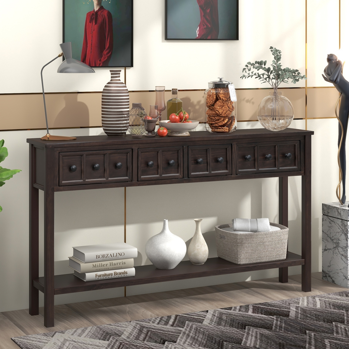 Streamdale Furniture Rustic Entryway Console Table, 60 Long Sofa Table With Two Different Size Drawers And Bottom