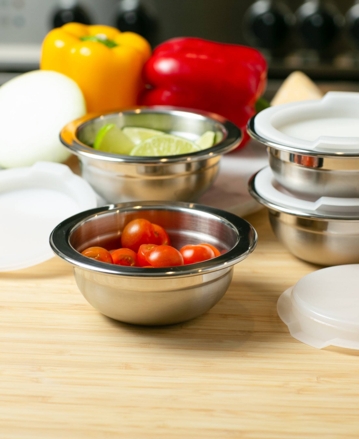 Rsvp International Endurance Stainless Steel 4 Piece 1 Cup Prep Bowls With Plastic Lid Set In Gray