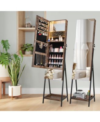 Lockable Freestanding Jewelry Organizer with Full-Length Frameless Mirror