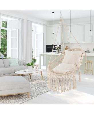 Indoor Outdoor Macrame Swing with Soft Seat Cushions Sturdy Hanging Rope & Chain