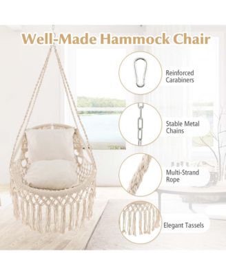 Indoor Outdoor Macrame Swing with Soft Seat Cushions Sturdy Hanging Rope & Chain