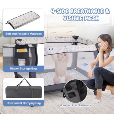 Kids Portable Playard Nursery Center Crib with Hanging Toys & Music Box