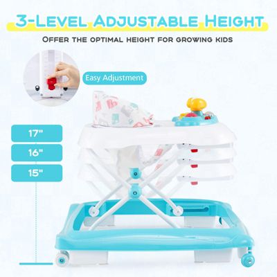 Foldable Baby Walker with 3 Adjustable Heights Comfy Padded Seat Music Tray