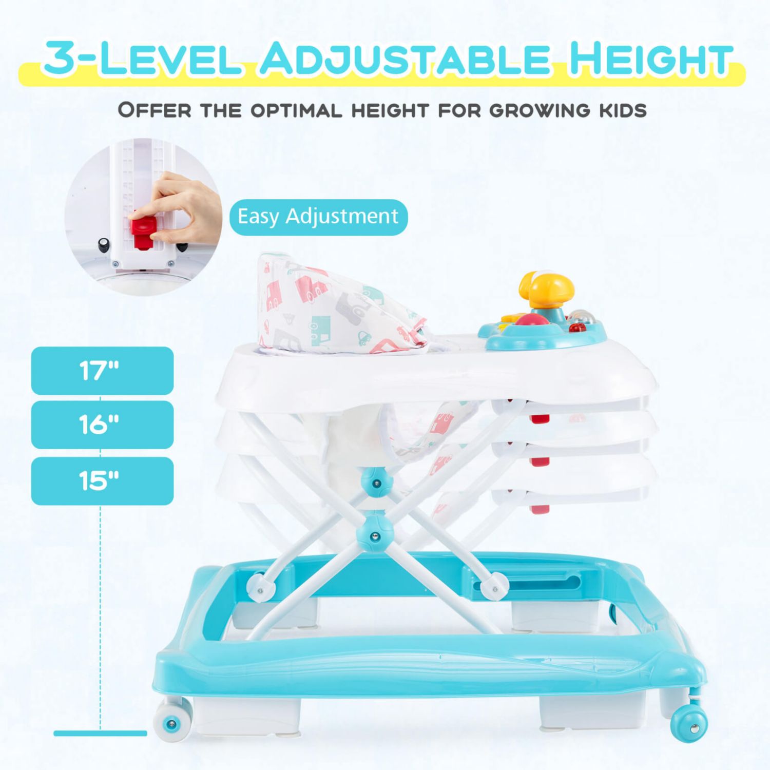 Foldable Baby Walker with 3 Adjustable Heights Comfy Padded Seat