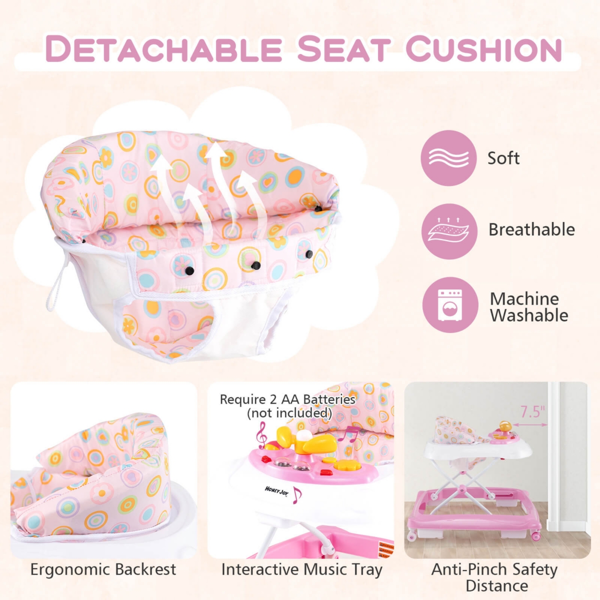 Costway Foldable Baby Walker with 3 Adjustable Heights Comfy Padded Seat Music Tray