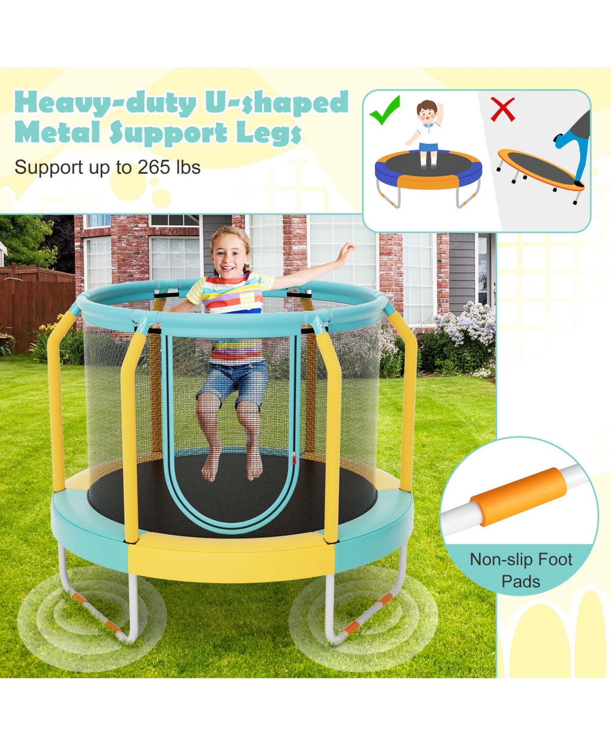48" Mini Trampoline with Enclosure Heavy-Duty Metal Frame U-shaped Legs