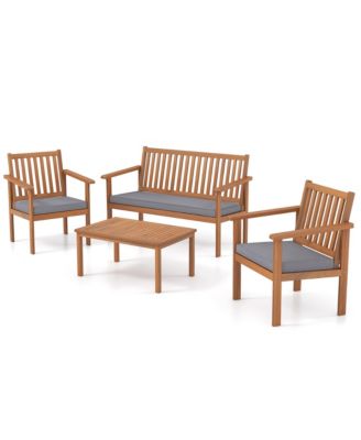 4 PCS Patio Wood Furniture Set with Loveseat, 2 Chairs & Coffee Table for Porch