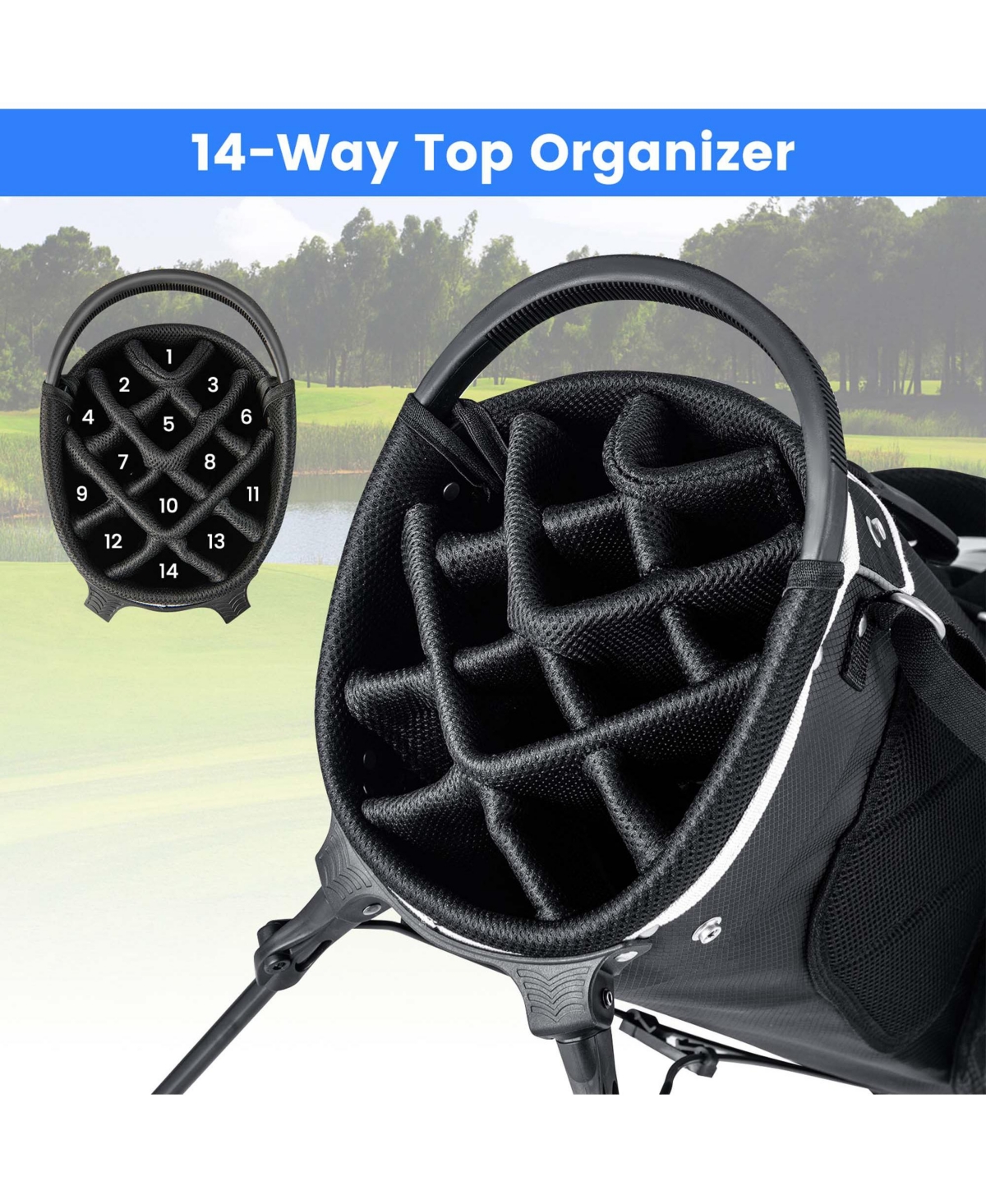 Costway Lightweight Golf Stand Bag with 14 Way Top Dividers 6 Pockets Cooler Bag Rain Hood