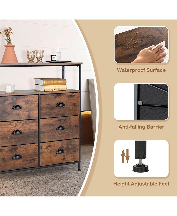 Costway 6-Drawer Dresser 2-Tier Fabric Storage Tower w/wooden Top Chest ...