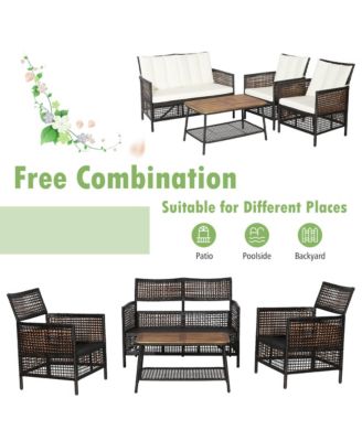 8PCS Cushioned Patio PE Wicker Conversation Furniture Set w/ Acacia Wood Tabletop