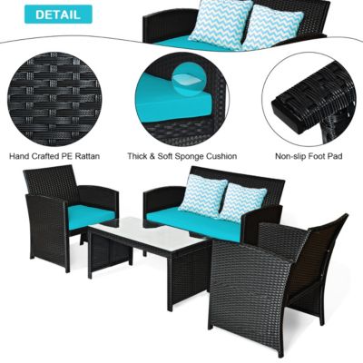 4PCS Patio Rattan Furniture Conversation Sets Cushion Sofa Table Garden