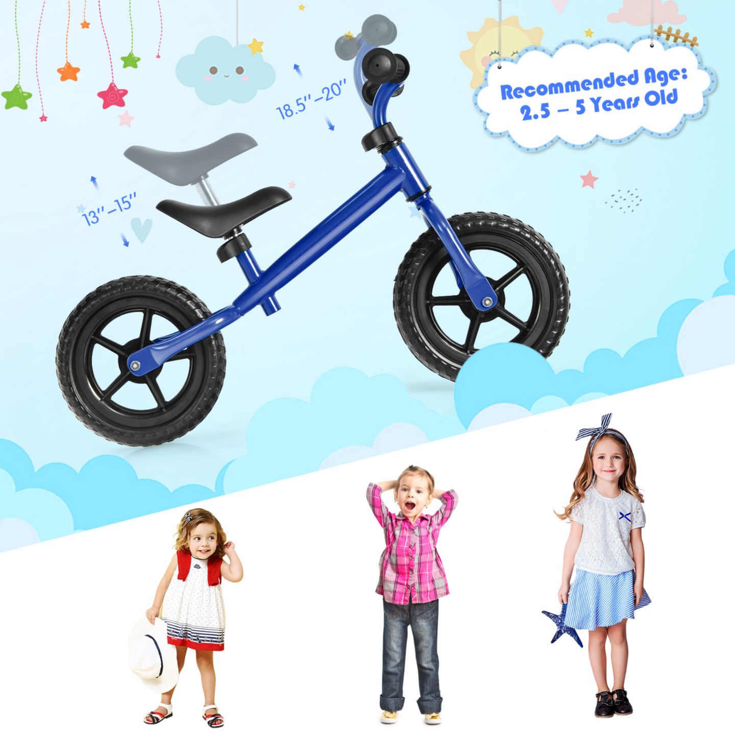 Детская игрушка Costway Kids' Lightweight No-Pedal Adjustable Balance Bike, 55 lb. Weight Capacity, от 2 лет, цвет: Синий — фото 5
