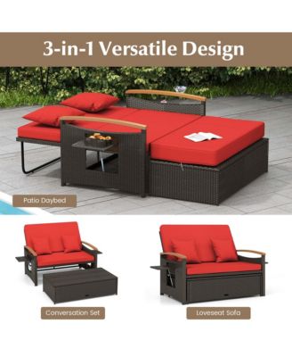 Patio Rattan Daybed Set with Cushioned Loveseat & Storage Ottoman for Porch