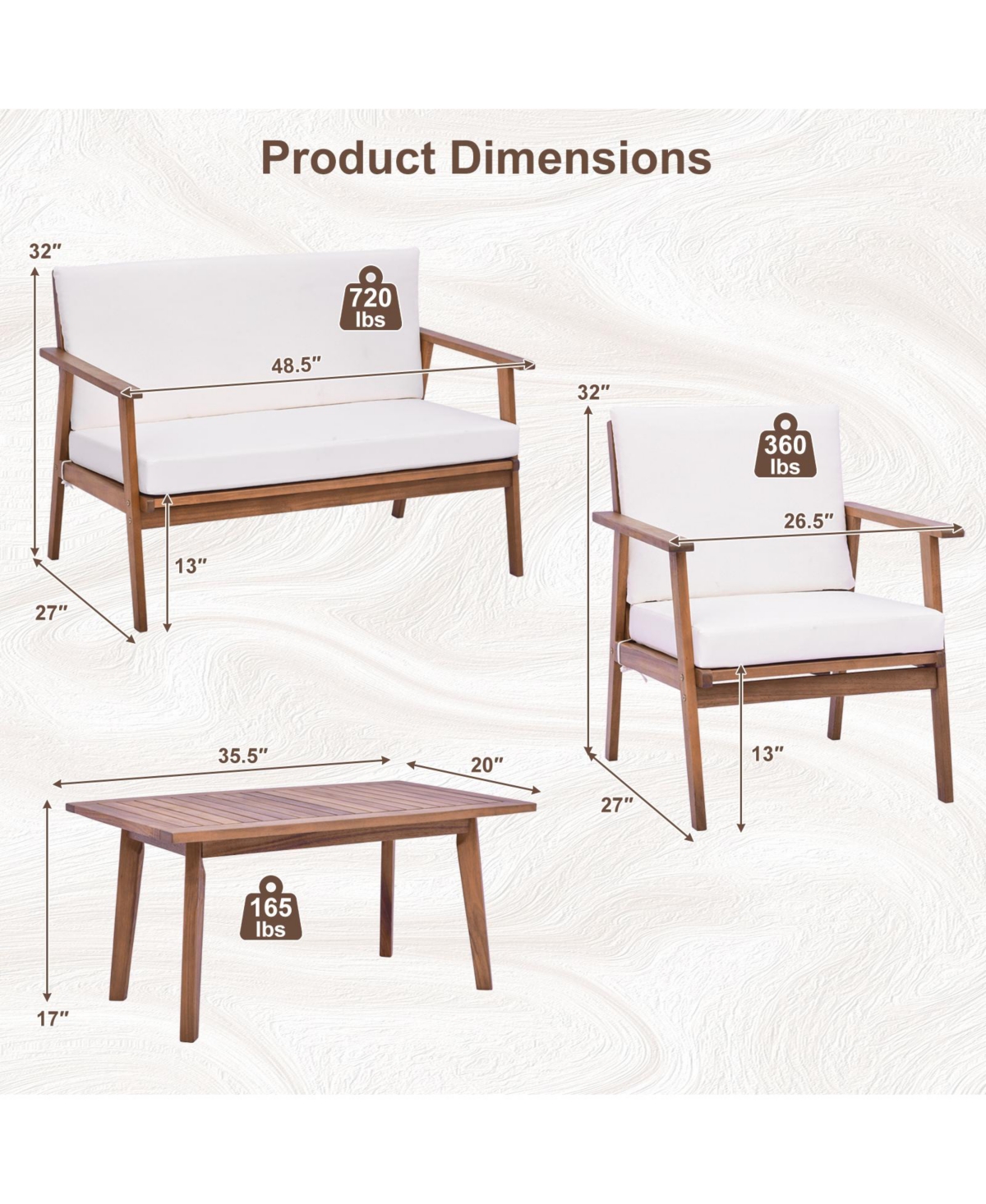 Pcs Patio Conversation Set Acacia Wood Sofa Coffee Table with Cushioned Seat