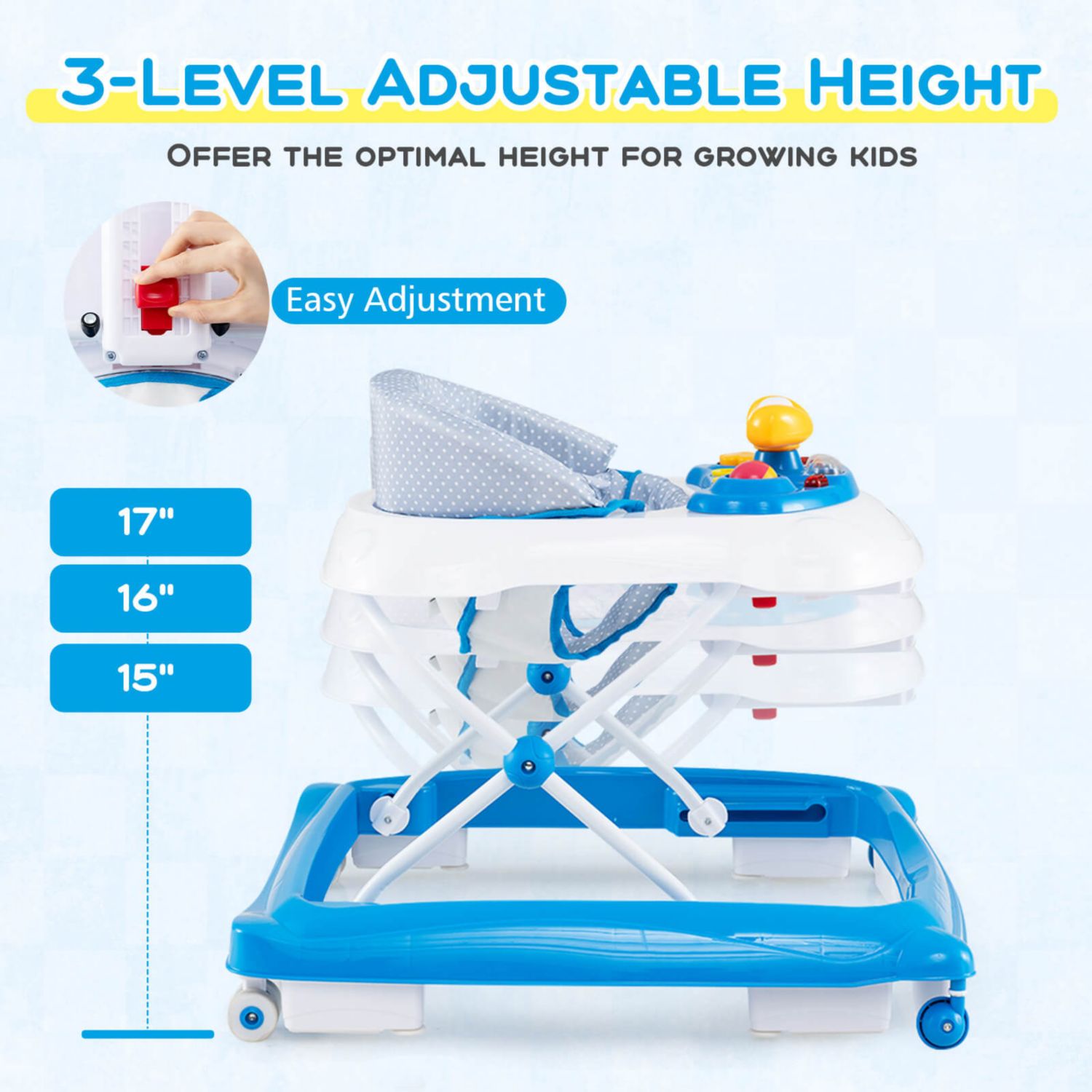 Foldable Baby Walker with 3 Adjustable Heights Comfy Padded Seat