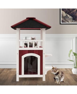 Outdoor Cat House 2-Story Wooden Cat Shelter with Asphalt Roof Removable Floor