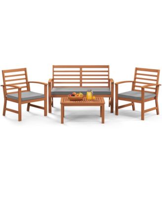 4 PCS Outdoor Furniture Set with Soft Seat Cushions Stable Acacia Wood Frame