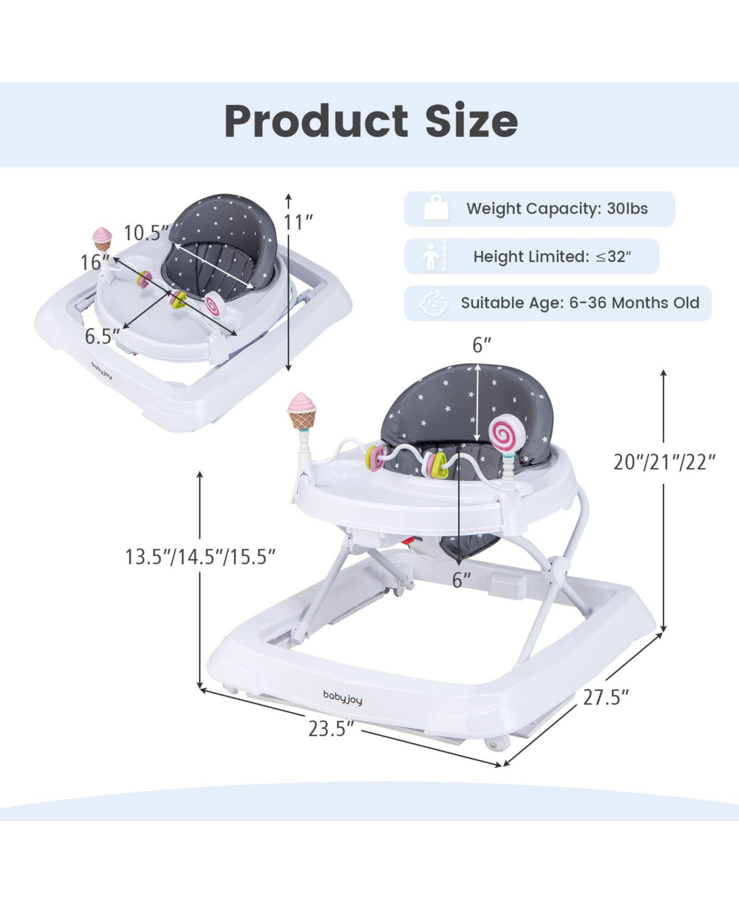 Foldable Baby Activity Walker with Adjustable Heightand Detachable Seat