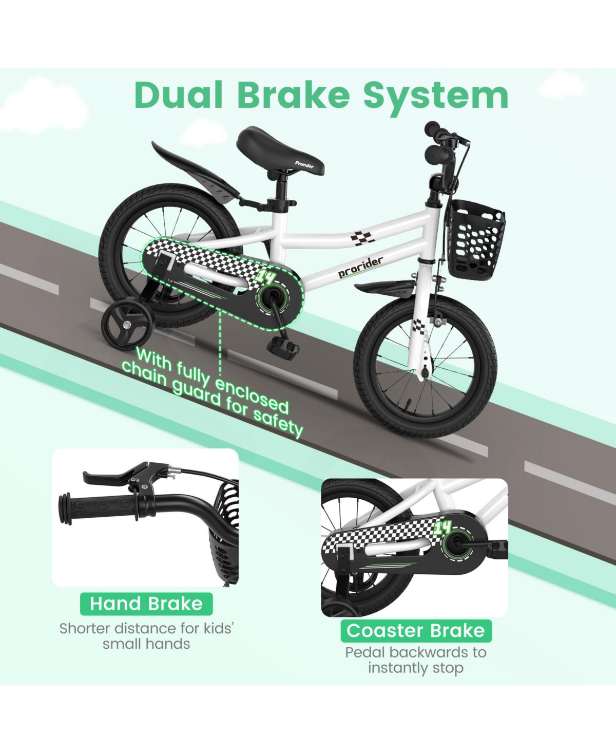 14'' Kid's Bike with Removable Training Wheels & Basket for 3-5 Years Old